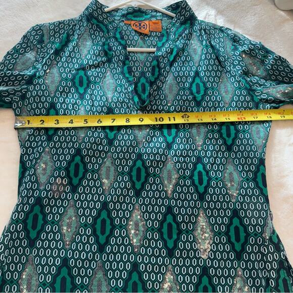 Tory Burch Women’s Geometric Sequin 3/4 Sleeve V Neck Tunic Sz 4 Green, Sparkle - Picture 6 of 8